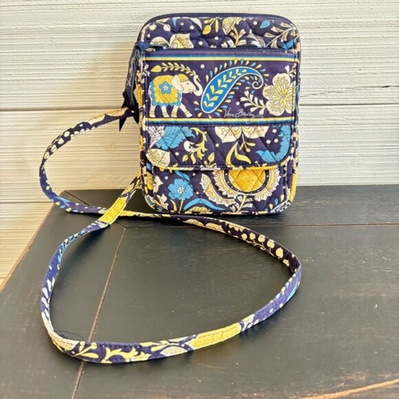 VERA BRADLEY ELLIE BLUE Little Hipster Crossbody Purse Elephant Navy Yellow - Picture 2 of 16